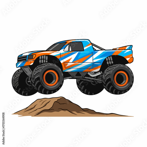 Colorful monster truck jumping over dirt mound illustration.