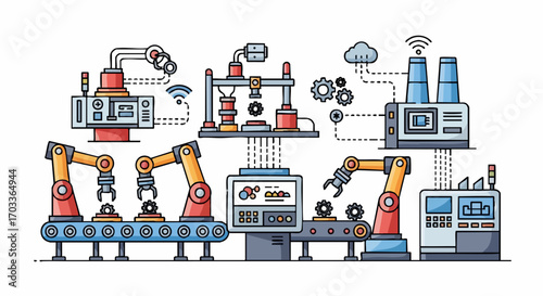 Industrial automation smart factory production line with robotic arms.