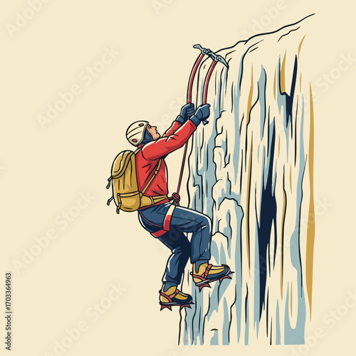 Man ice climbing on a frozen waterfall with gear.