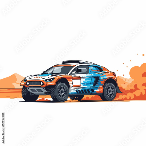 Off road rally racing car in action kicking up dust.