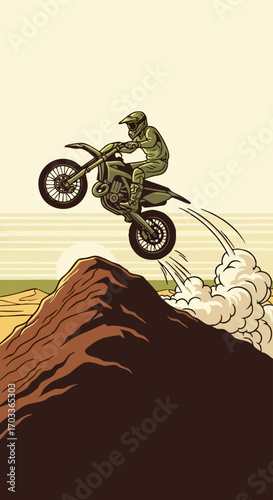 Motocross rider performing a high jump on a dirt bike.