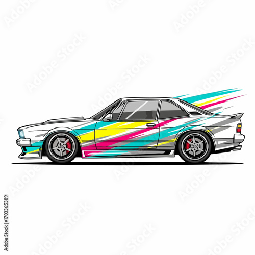 Colorful sports car graphic design.