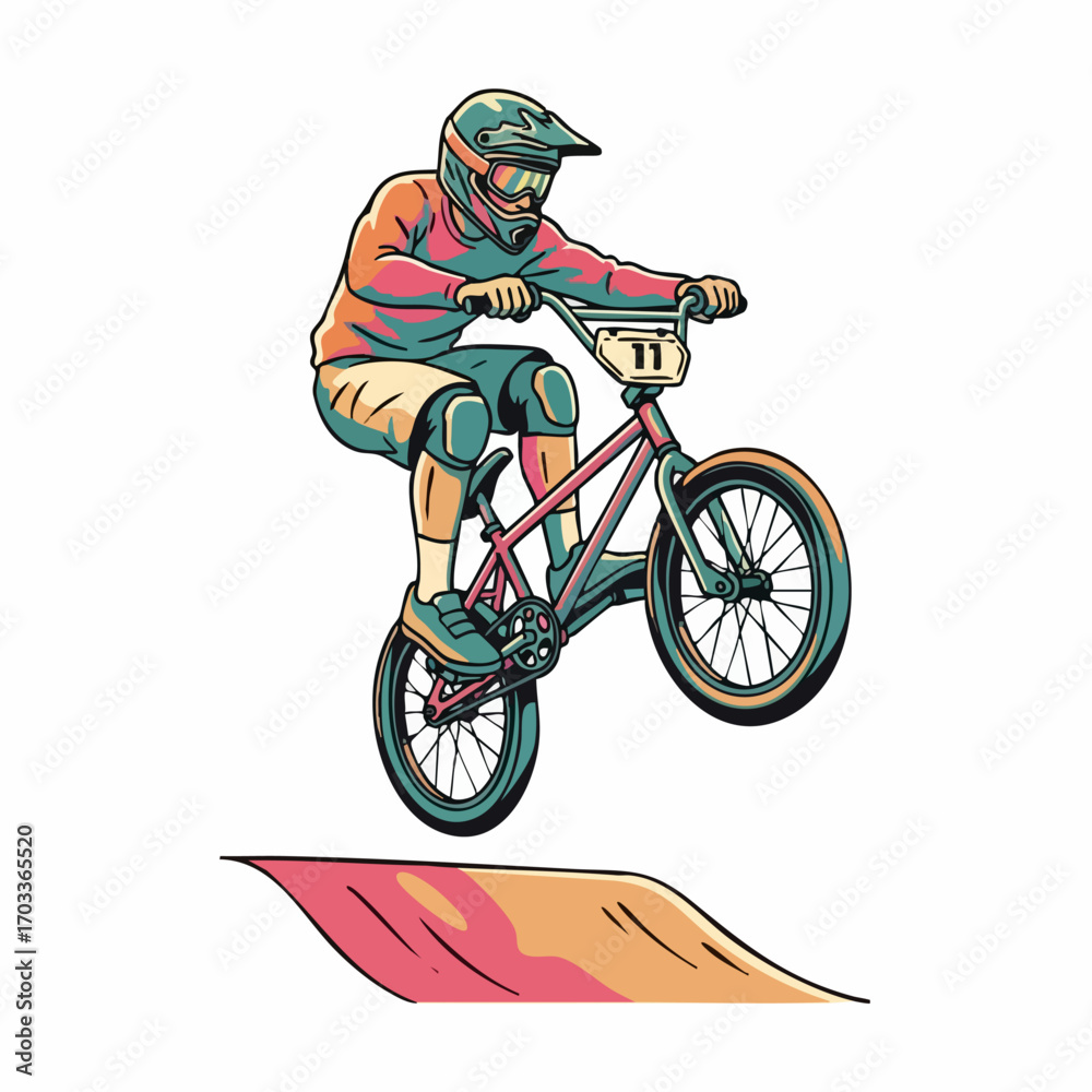 Fototapeta premium BMX rider performing a trick with a bicycle on a ramp in mid air.