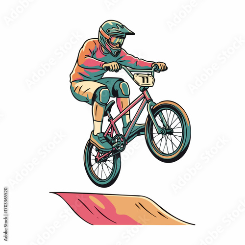 BMX rider performing a trick with a bicycle on a ramp in mid air.
