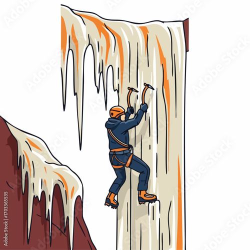 Ice climber ascending a frozen waterfall.