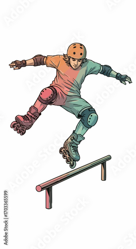 Skateboarder performing a trick on a rail.