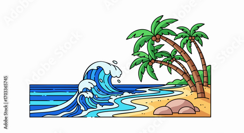 Tropical Beach Scene With Crashing Waves and Palm Trees.