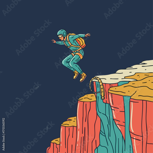 Cliff Jumper Illustration, Adventure Seeker, Thrilling Leap of Faith.