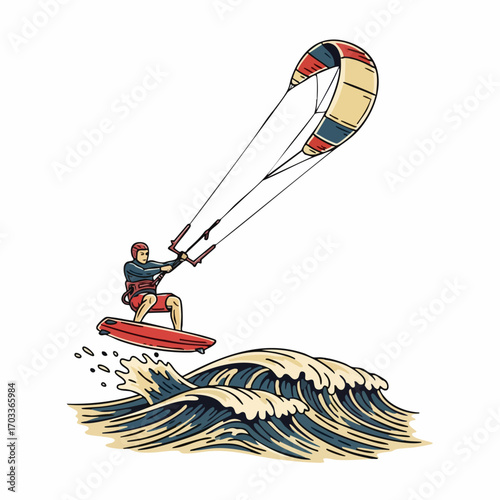 Kitesurfer soaring above the waves with vibrant kite.