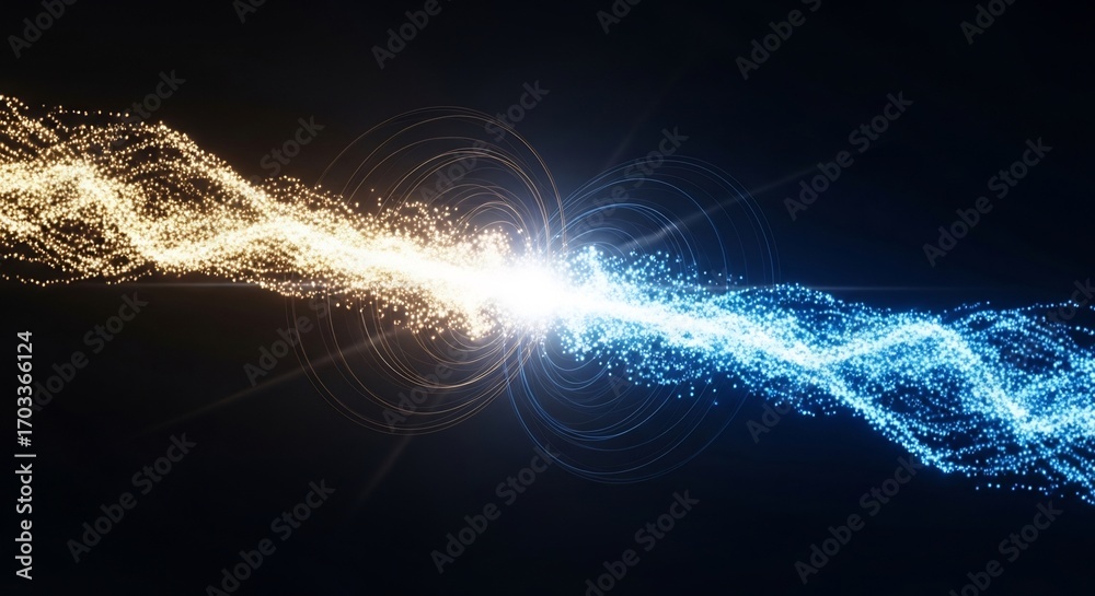Fototapeta premium Dynamic abstract energy clash with golden and blue particles. Great for technology, science, digital transformation, futuristic concept, connection, or quantum computing designs.