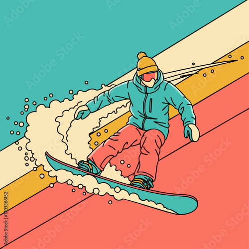 Snowboarder Carving Down a Colorful Mountain Slope with Style and Precision.