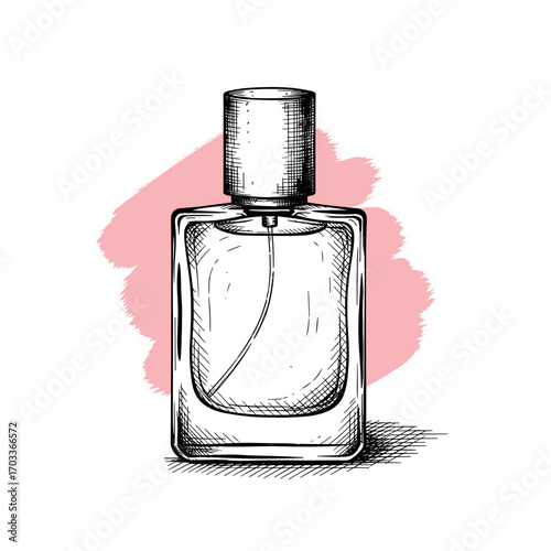 Vintage engraving sketch perfume bottle black and white vector illustration on pink brush stroke background