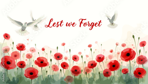 Remembrance Day banner, Remembrance Day poster, Lest We Forget banner, poppy flower design, Armistice Day poster, Veterans Day banner, memorial day remembrance, red poppy poster, military tribute bann