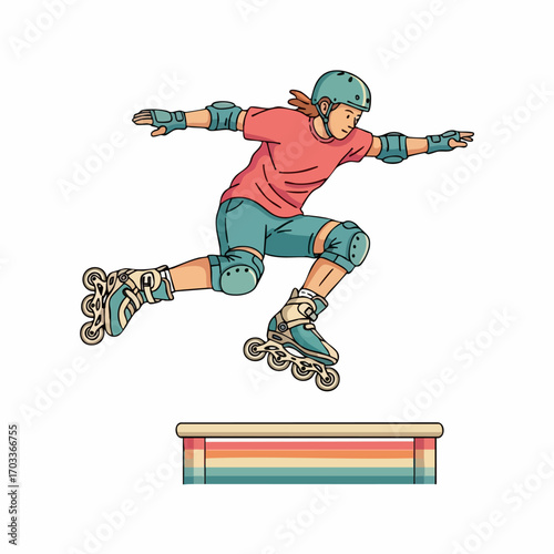 Person rollerblading and jumping over an obstacle.