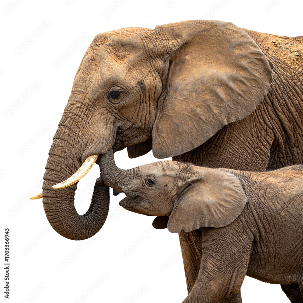 Obraz premium Close-Up of African Elephant and Calf, Tender Bond and Protective Pose, Transparent PNG