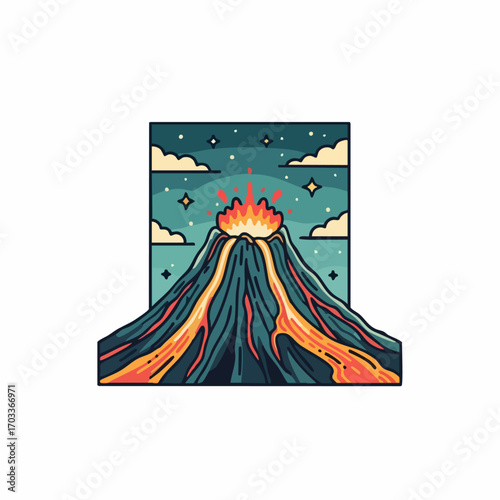Stylized vector illustration of an erupting volcano with lava.
