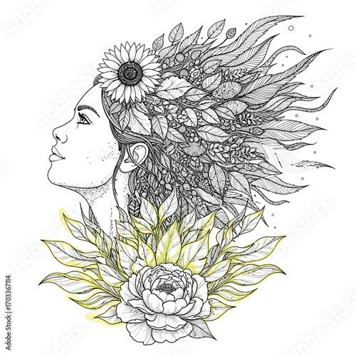 Woman with flower hair, sunflower and peony