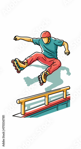 Inline skater performing a jump over a rail.