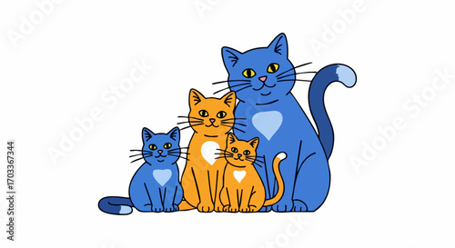 Family of cats in a row with different colors and sizes.