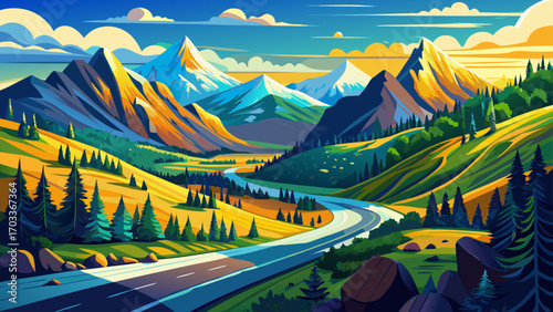 Panoramic view of scenic drive in San Juan Mountains Colorado, lush alpine meadows, deep blue skies, vibrant sunlit forests, crisp mountain air, and winding roads offering unforgettable summer adventu