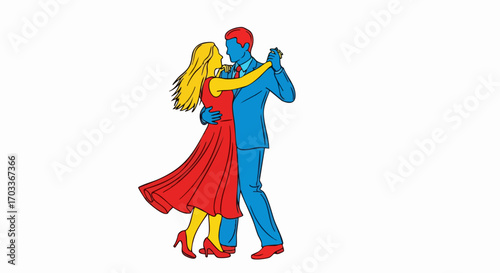 Colorful stylized illustration of a couple ballroom dancing.