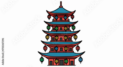 Colorful cartoon illustration of a traditional multi-tiered Asian pagoda.