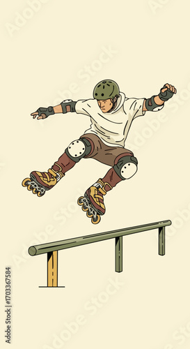 Inline skater performing a jump over a rail, showcasing skill and athleticism.