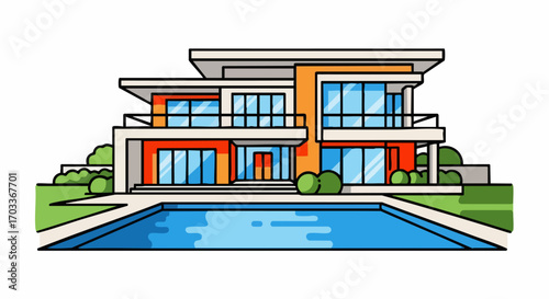Modern luxury house with a swimming pool vector illustration.