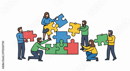 Teamwork and collaboration assembling puzzle pieces together.