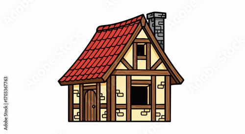 Charming Cartoon Cottage with Red Tile Roof and Stone Chimney.