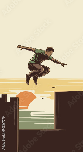 Man performing dynamic jump in mid air showcasing agility.