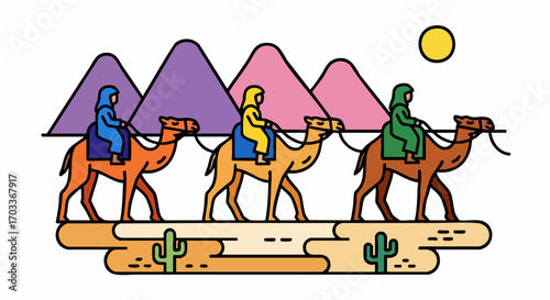Colorful line art illustration of three people riding camels.