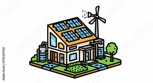 Eco-friendly house with solar panels and wind turbine.