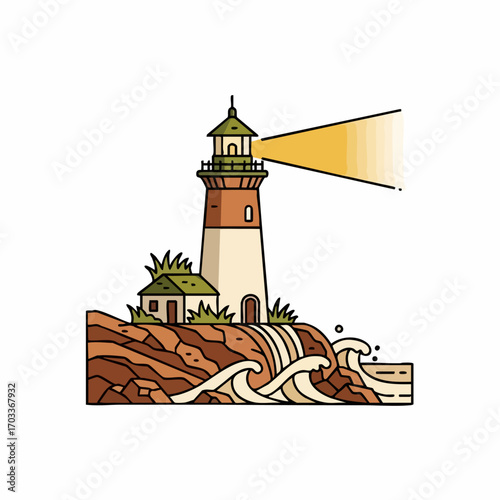 Coastal Lighthouse Illustration with Waves and Rocky Shoreline.