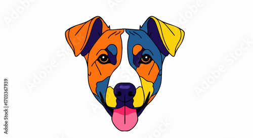 Colorful dog head illustration with vibrant orange, blue, and yellow hues.