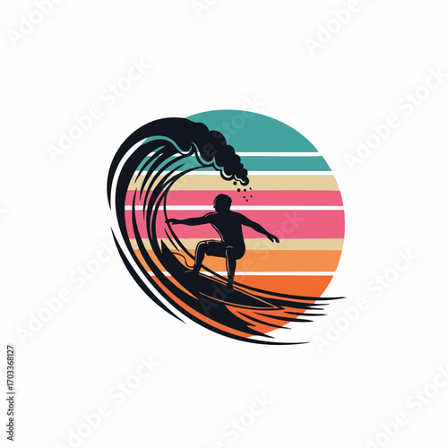 Silhouette of a surfer riding a wave during sunset creating a beautiful scene.