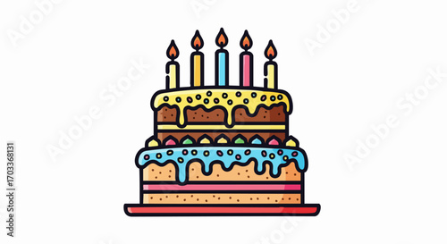 Colorful two tier birthday cake with five lit candles illustration.