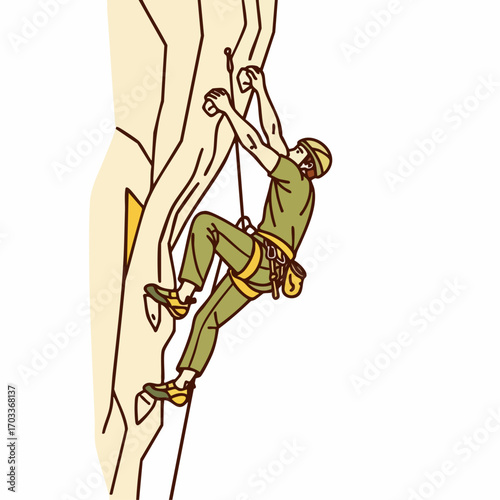 Man climbing a rock face with safety gear.