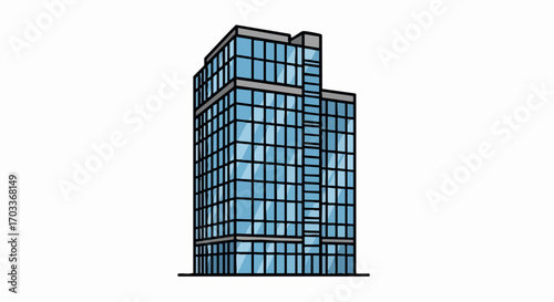 Modern high rise office building with glass windows and blue sky.