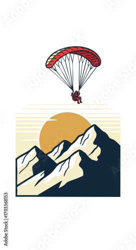 Paragliding adventure over majestic mountains at sunset.