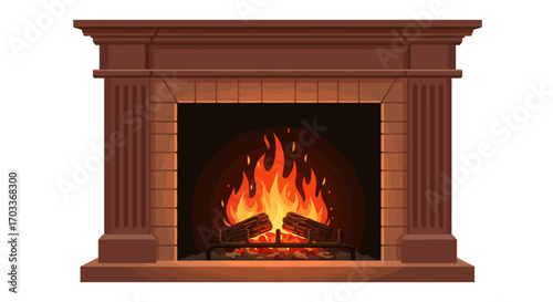 Ornate Fireplace with Burning Logs and Fiery Flames.