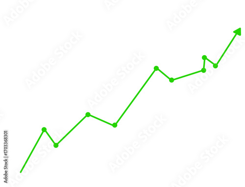 Green upward trending line graph with dots isolated on transparent background