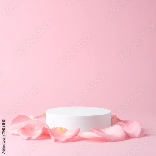 White Cylinder Podium with Rose Petals on a Soft Pink Background for Product Showcase