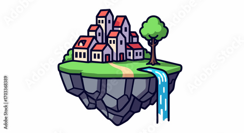 Floating Island Village with Waterfall and Tree.