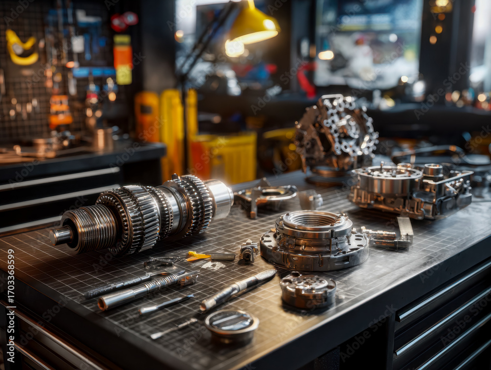 Fototapeta premium Precision engineering and mechanical components on a workbench in a workshop