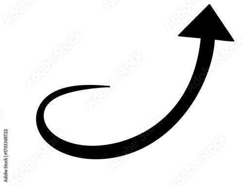 Black upward curving arrow, isolated on transparent background
