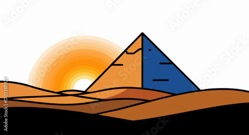 Stylized Pyramid in Desert Landscape at Sunset Graphic Illustration.