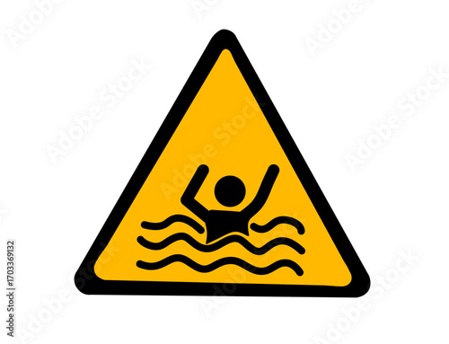 Yellow warning sign for drowning danger, person struggling in water isolated on transparent background