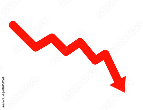 Red downward trending arrow isolated on transparent background