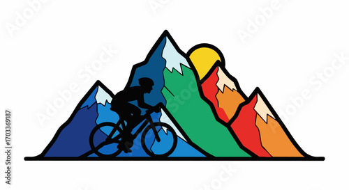 Mountain biker silhouette riding through colorful mountain range with sun.